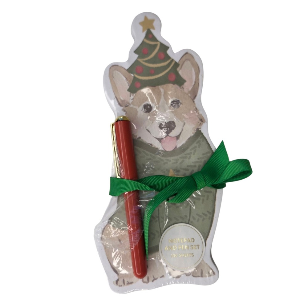 Corgi Dog Magnetic Notepad and Pen Set with‎ Green Bow Christmas Gift Set